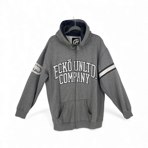 Vintage Ecko UNLTD Zip Up Hoodie Mens Gray Y2K Spell Out Grunge Skater 2X - Picture 2 of 16